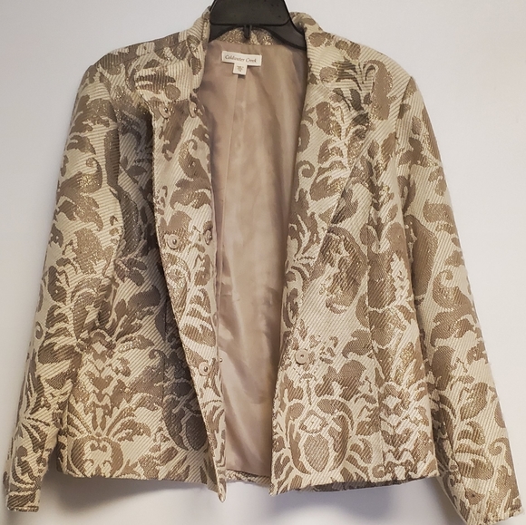 COLDWATER CREEK Womens Champagne Met Gold Jacquard Wool Blend Blazer Jacket 16 - Picture 3 of 7